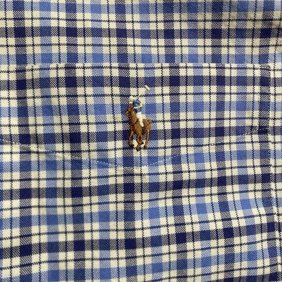 Polo Ralph Lauren Shirt Mens 2XLT Tall Blue Plaid Oxford Button Up Flesh Pony - Picture 2 of 16